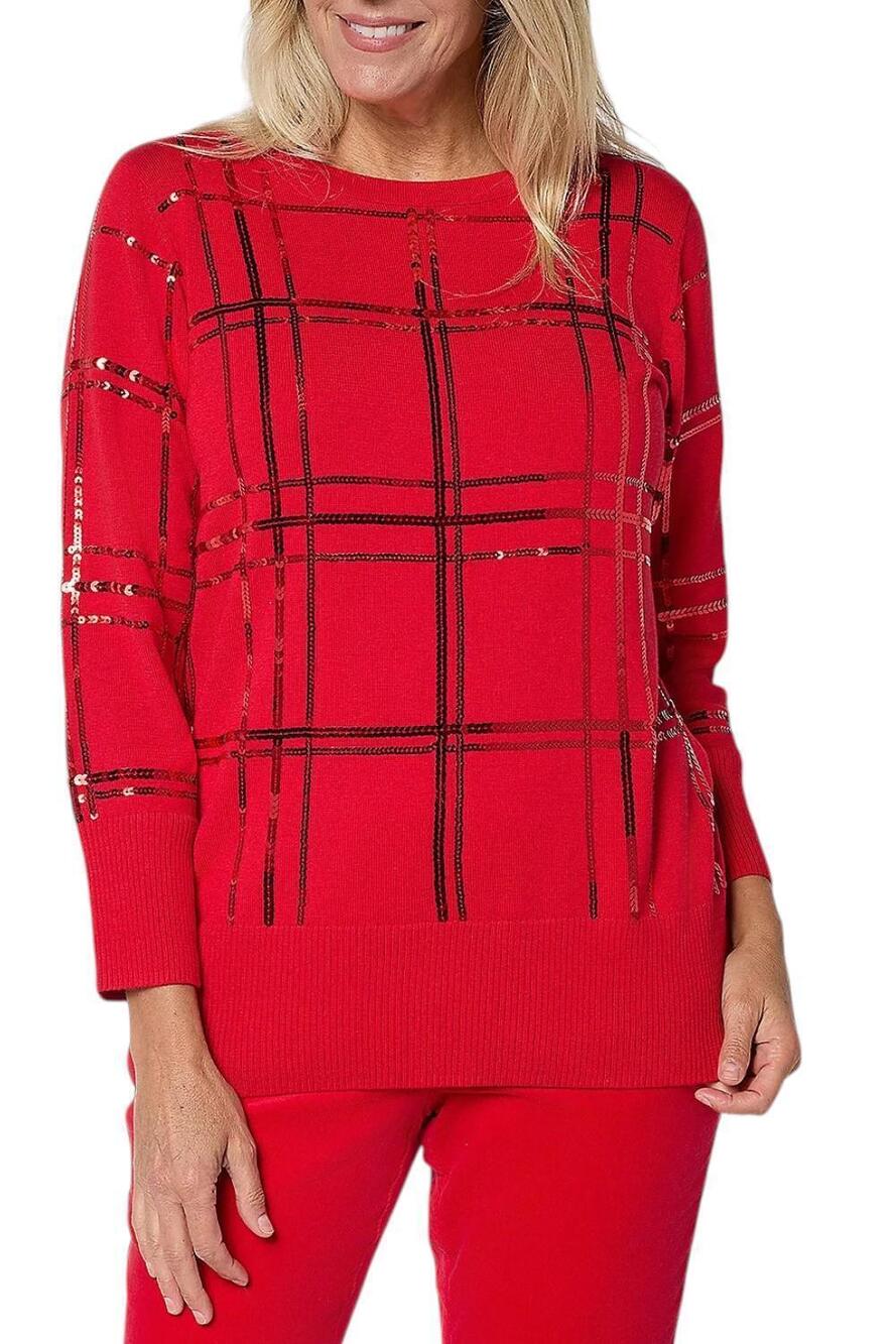 Denim & Co. Women's Plaid Boat Neck Sweater Fall Red - Regular